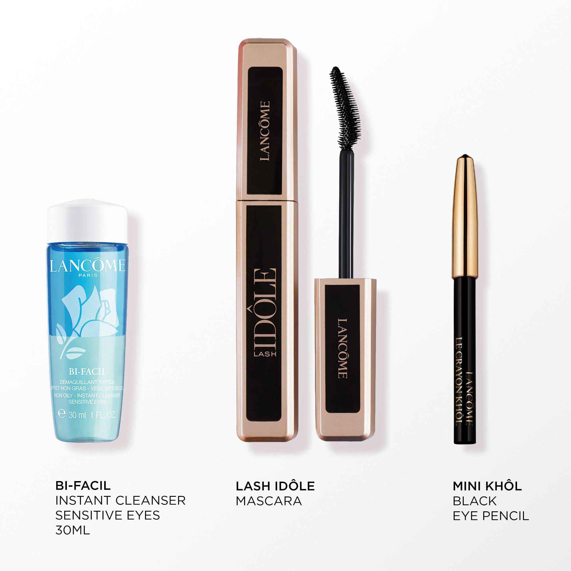 Image of the following products on a white background: FULL SIZE LASH IDOLE MASCARA - MINI CRAYON KHOL LINER - BI FACIL EYE 30ML