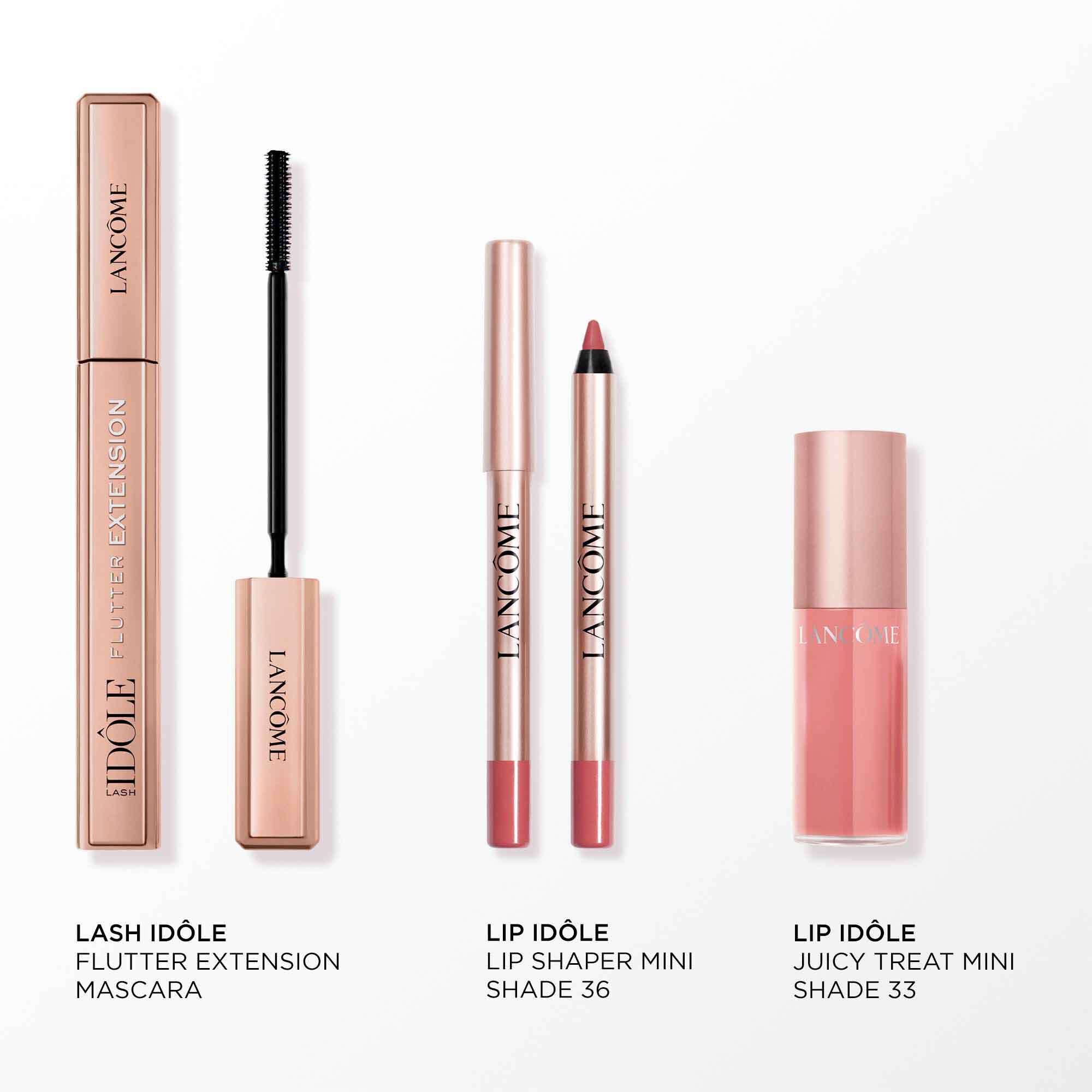 Image of the following products on a white background: FULL SIZE LASH IDOLE FLUTTER EXTENSION MASCARA - LIP IDOLE LINER 36 MINI - JUICY TREAT 33 MINI 