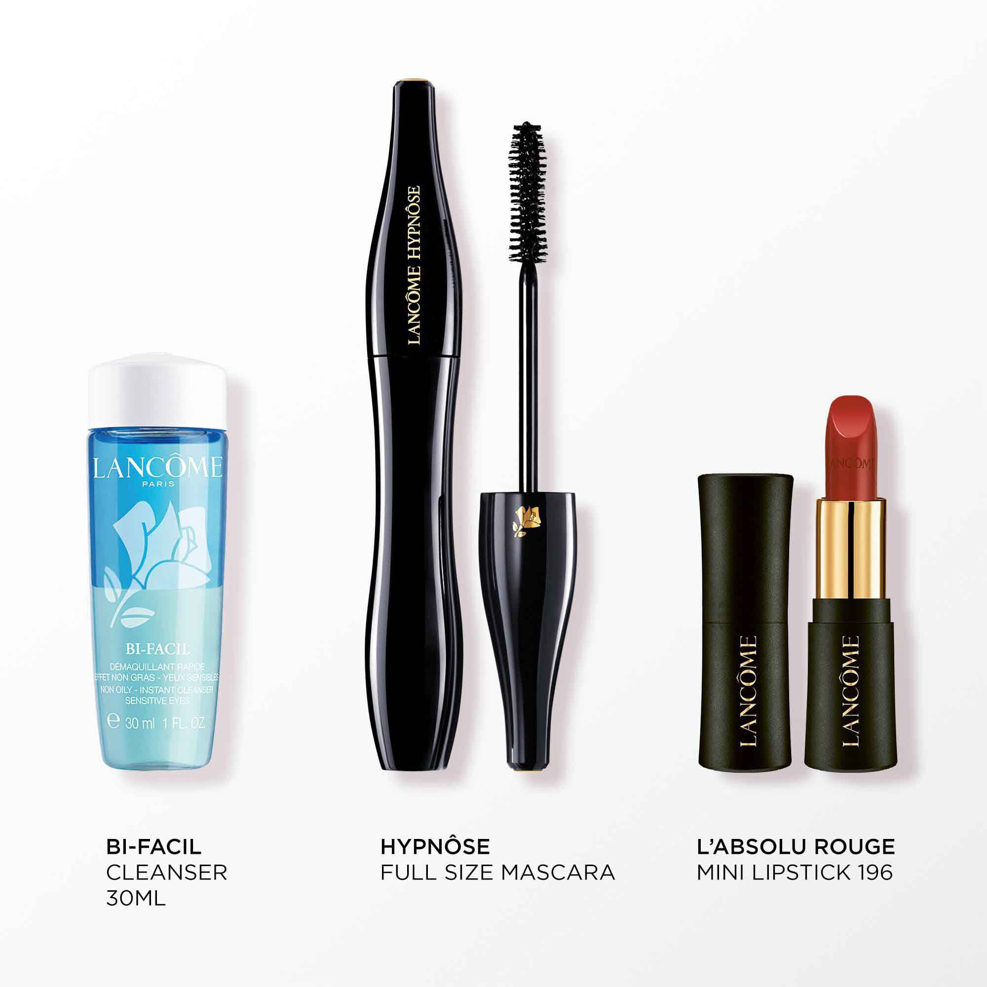 Image of the following products on a white background: FULL SIZE HYPNOSE MASCARA - BI FACIL EYE 30ML - L'ABSOLU ROUGE CREAM 196 MINI