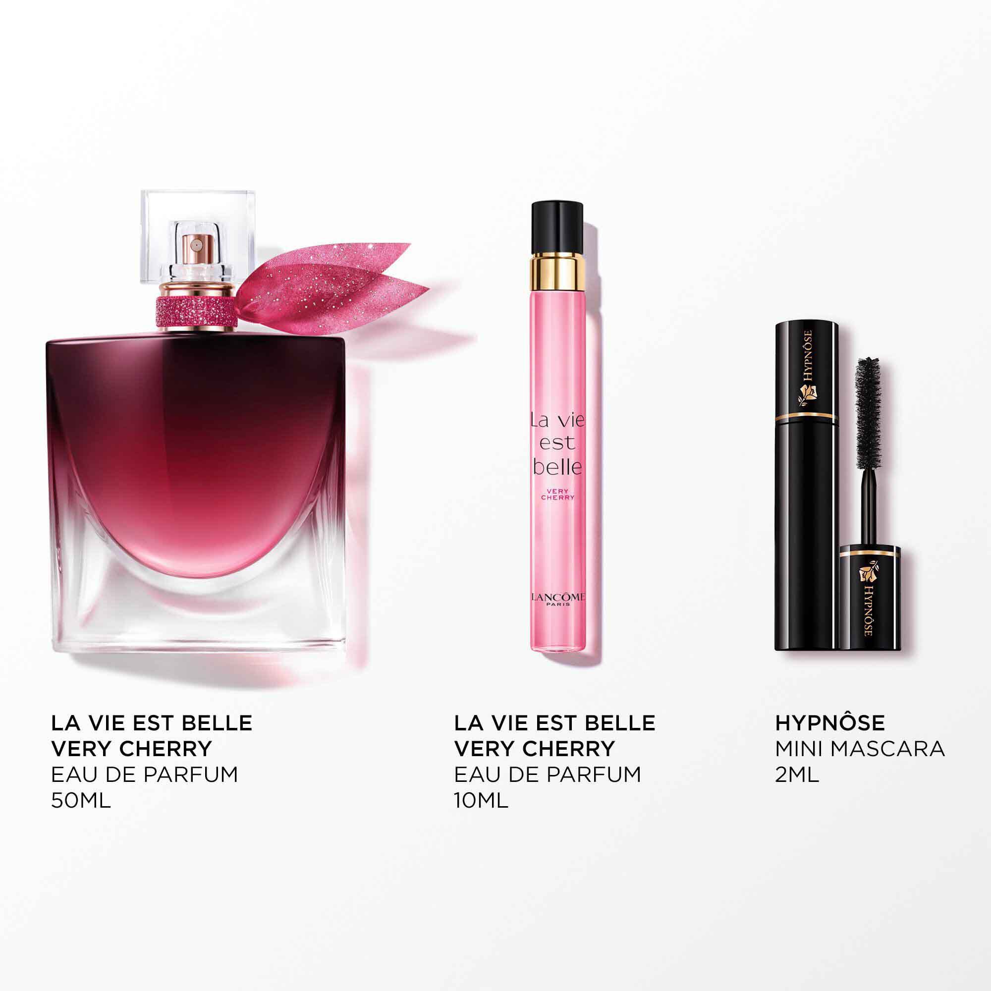 Image of the following products on a white background: LA VIE EST BELLE ELIXIR VERY CHERRY 50ML - LA VIE EST BELLE ELIXIR VERY CHERRY 10ML - HYPNOSE MASCARA MINI 2ML