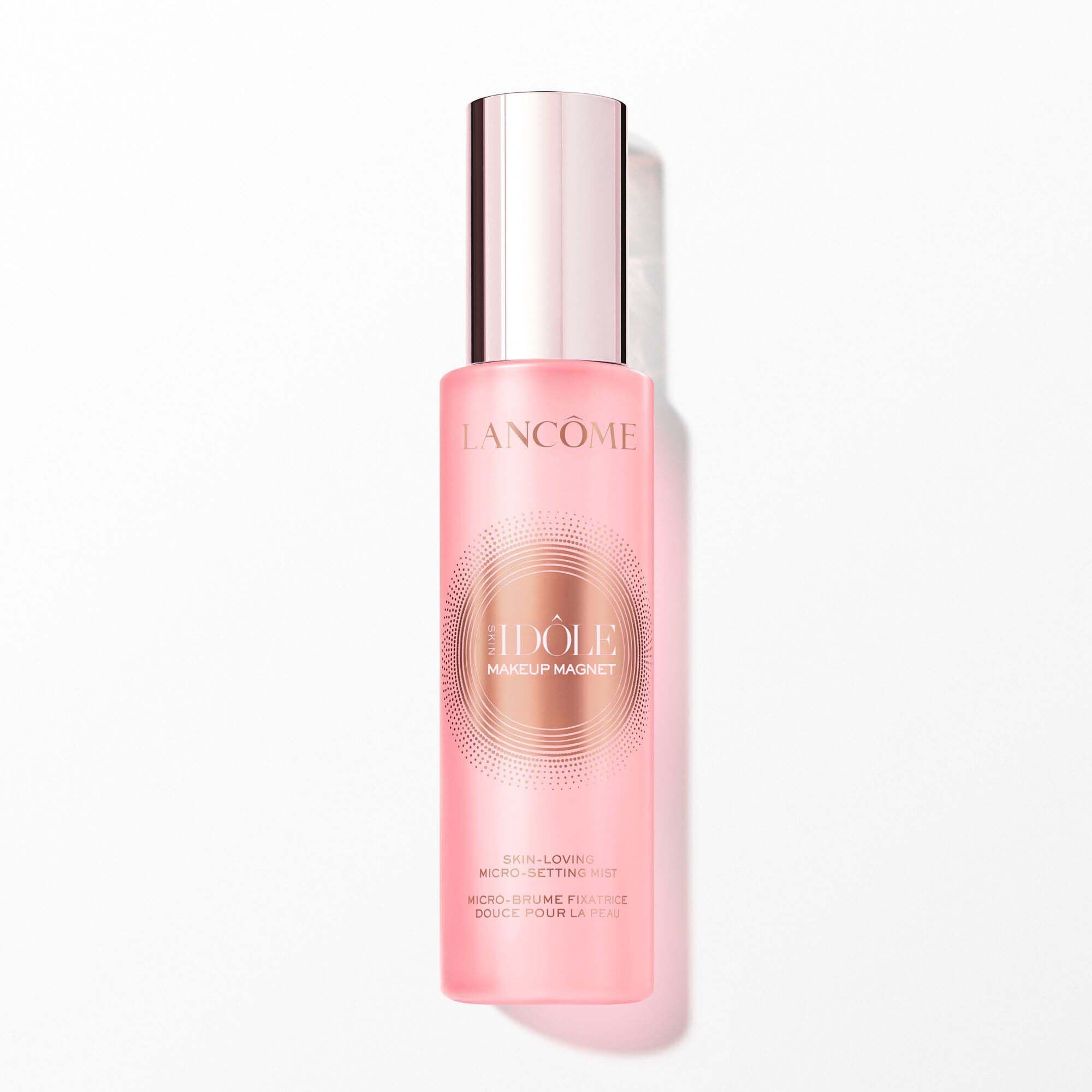 Pink bottle of Lancome Idole Makeup Magnet setting mist.