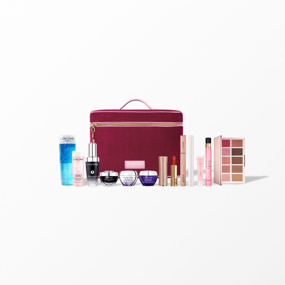 Lancome Holiday Beauty Box collection with skincare, makeup, and fragrance products arranged around a cherry-red vanity case.