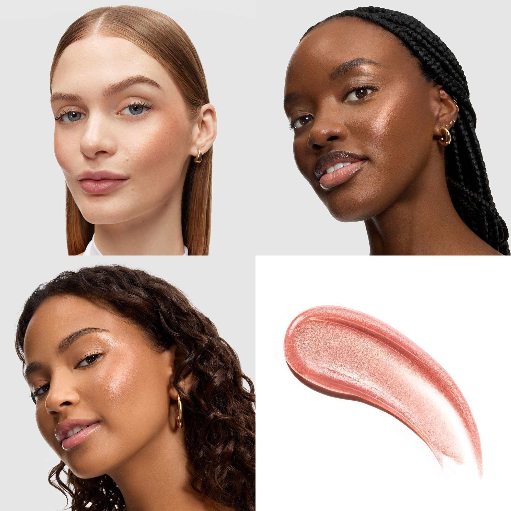 Three models with different skin tones showing a radiant cheek glow.