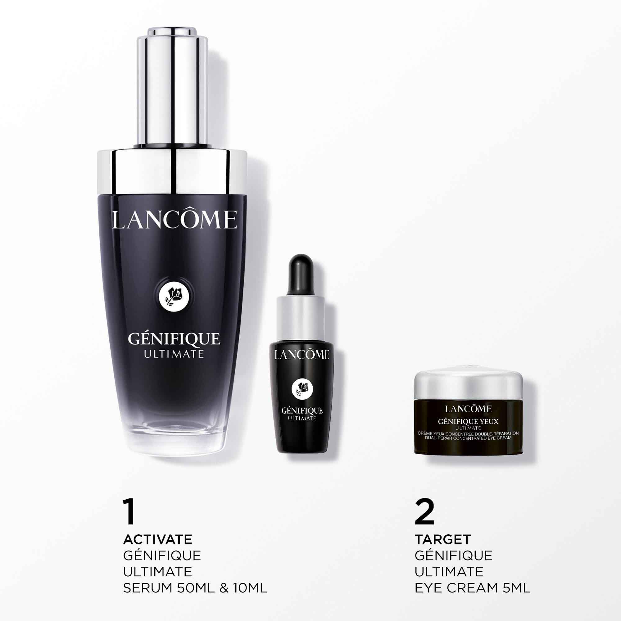 Image of the following products on a white background: - GENIFIQUE ULTIMATE SERUM 50ML - GENIFIQUE ULTIMATE SERUM 10ML - GENIFIQUE EYE CREAM 5ML MINI