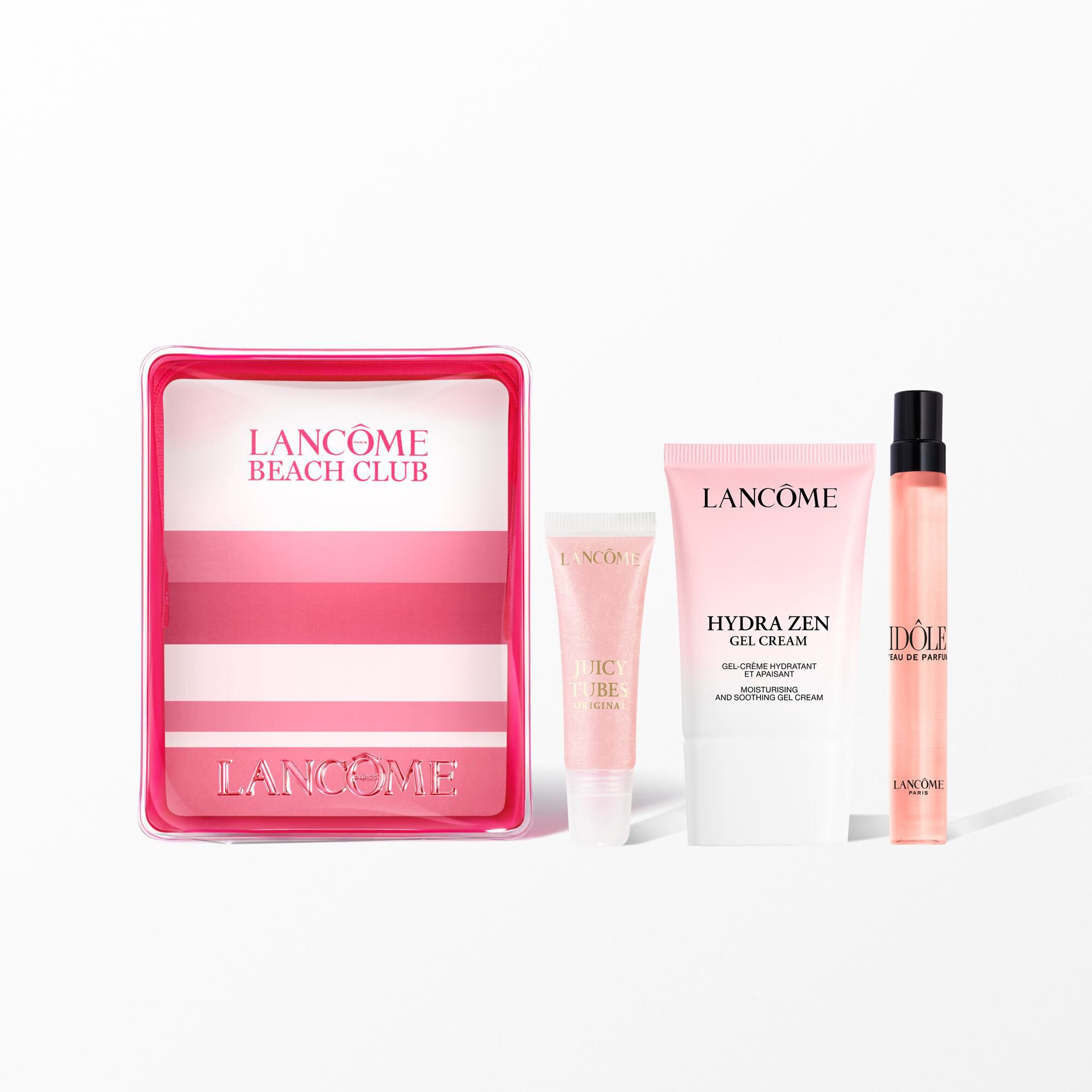 Lancome Beach Club gift set featuring a pink striped pouch and three beauty products.